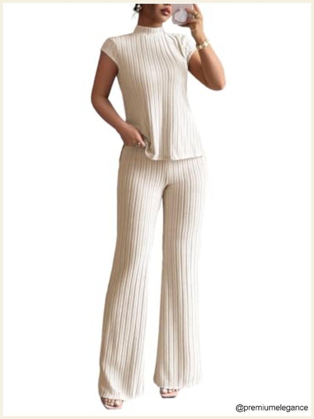 Women's 2 Piece Lounge Set - Mock Neck Top & Wide Leg Pants - Ribbed Knit